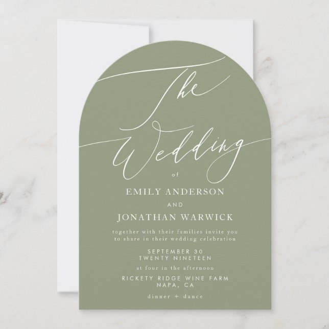 Invitation Blanc moderne et vert sage Mariage simple arche (Devant)