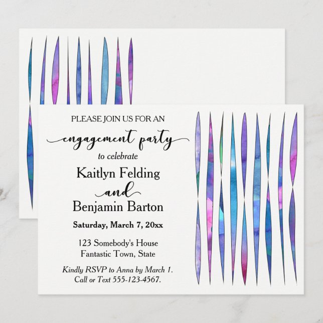Invitation Blanc moderne violet, rose, Blue Engagement Party (Devant / Derrière)