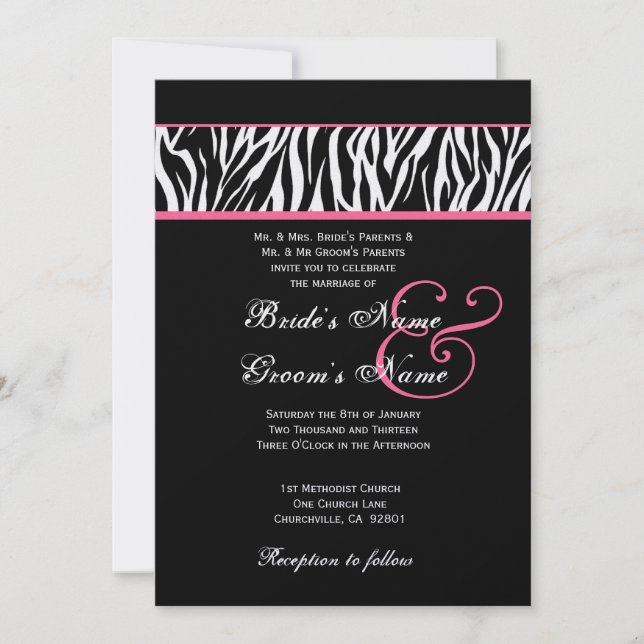 Invitation Blanc noir avec papier métallique Mariage Zèbre ro (Devant)