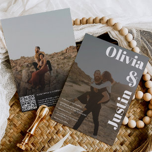 Invitation Blanc noir gras noms 2 photos Code Qr mariage
