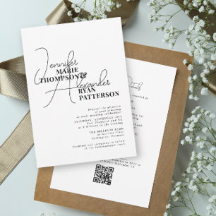 Invitation Blanc noir minimaliste tout en un et RSVP QR Code