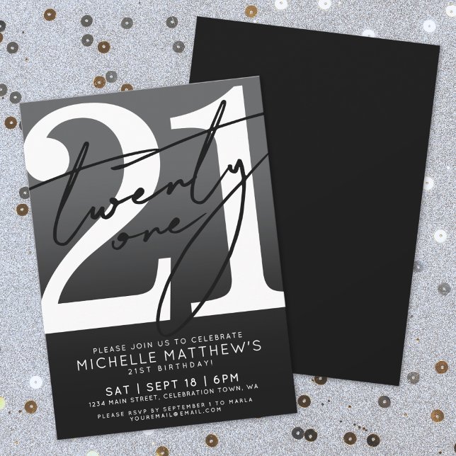 Invitation Blanc noir moderne 21e anniversaire (Black White Modern 21st Birthday Invitation)