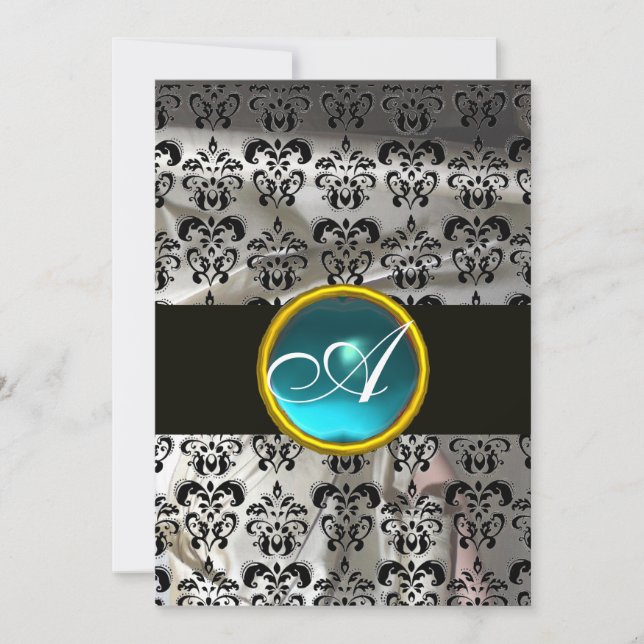 INVITATION BLANC NOIR SOIE DAMAS TEAL BLEU GEM MONOGRAMME (Devant)