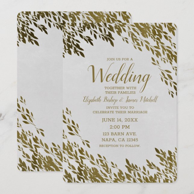 Invitation Blanc & Or Feuille Chic Rustique Moderne Mariage (Devant / Derrière)