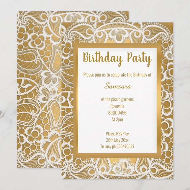 INVITATION BLANC OR LACE OR TRIM ÉLÉGANT ANNIVERSAIRE (Devant / Derrière)