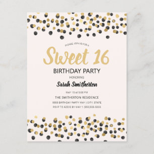 Invitation Blanc Or Noir Confettis Paillettes Sweet 16