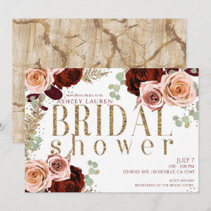 Invitation Blanc Or Rose Bourgogne Roses Shower de Mariée