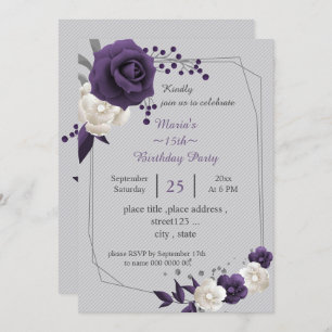 Invitation blanc pourpre poussiéreux fleurs géométrique anniv
