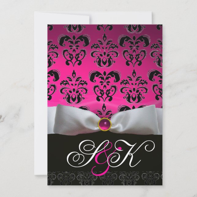 INVITATION BLANC RIBBON ROSE FUCHSIA NOIR DAMASK MONOGRAM (Devant)