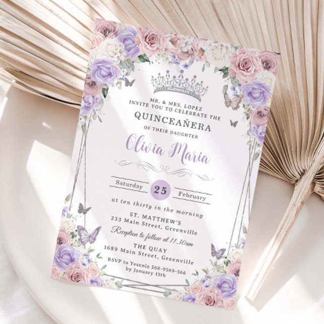 Invitation Blanc rose clair Lilac blanc Floral Argent Quincea (Créateur téléchargé)