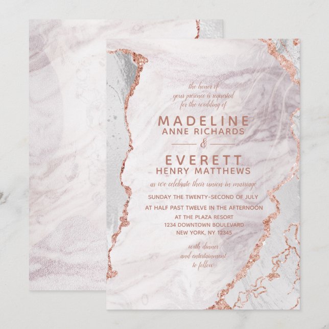 Invitation Blanc & Rose Gold Agate Marbre Foil Mariage tendan (Devant / Derrière)