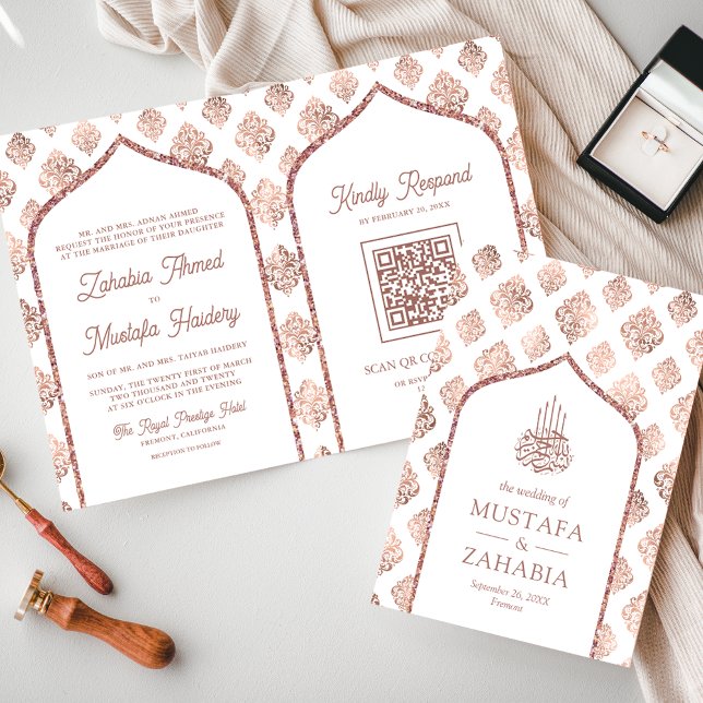 Invitation Blanc Rose or Damask Arch QR Code Mariage musulman (Créateur téléchargé)