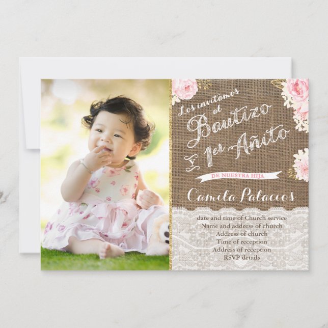 Invitation Blanc rose Or espagnol Bautizo Baptême Anniversair (Devant)