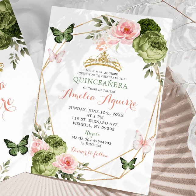 Invitation Blanc Rose Sage Vert Géométrique Floral Quinceañer (Créateur téléchargé)