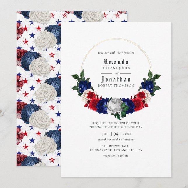 Invitation Blanc rouge et bleu 4 juillet Mariage (Devant / Derrière)