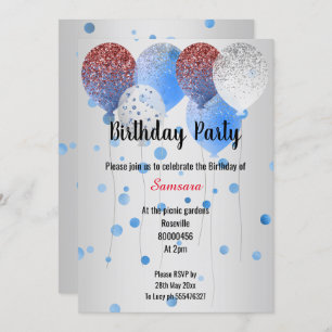 INVITATION BLANC ROUGE ET BLEU BALLON D'ANNIVERSAIRE ARGENT D