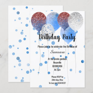 INVITATION BLANC ROUGE ET BLEUE BALLON D'ANNIVERSAIRE REPOSÉ