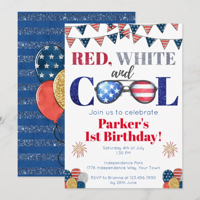 Invitation Blanc rouge et Cool 4 juillet Anniversaire (Devant / Derrière)
