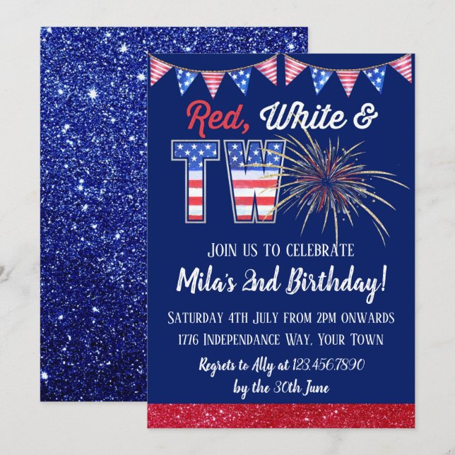 Invitation Blanc rouge et deux 4 juillet Deuxième anniversair (Devant / Derrière)