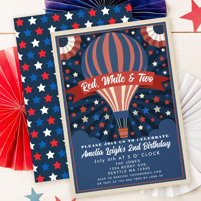 Invitation Blanc rouge et deux ballons 4 juillet Anniversaire (Créateur téléchargé)
