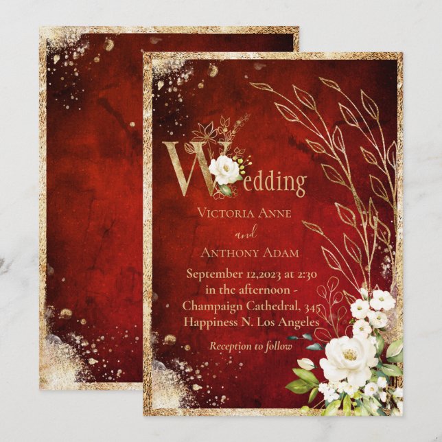 Invitation Blanc Rouge or Botanique Floral Rustique Mariage (Devant / Derrière)