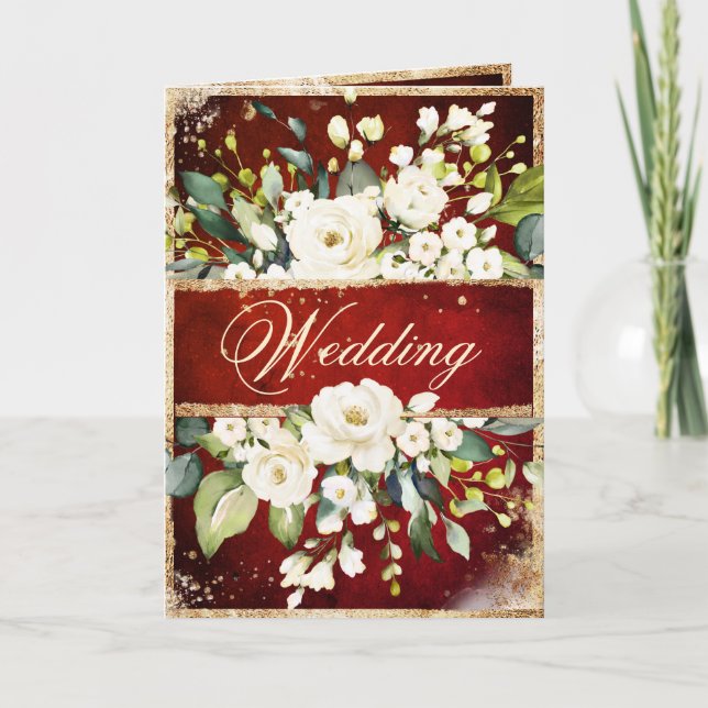 Invitation Blanc Rouge or Botanique Floral Rustique Mariage (Devant)