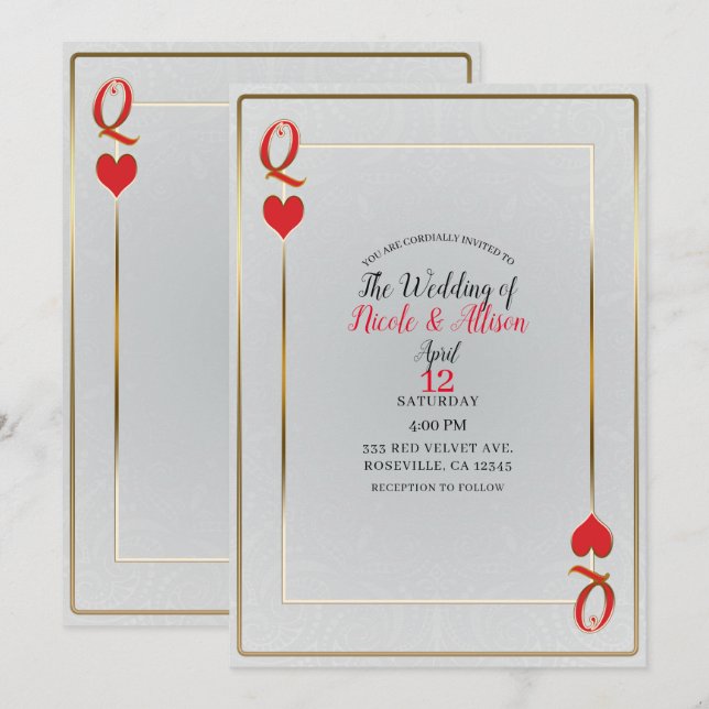 Invitation Blanc & Rouge or Reine des Coeurs Mariage élégant (Devant / Derrière)