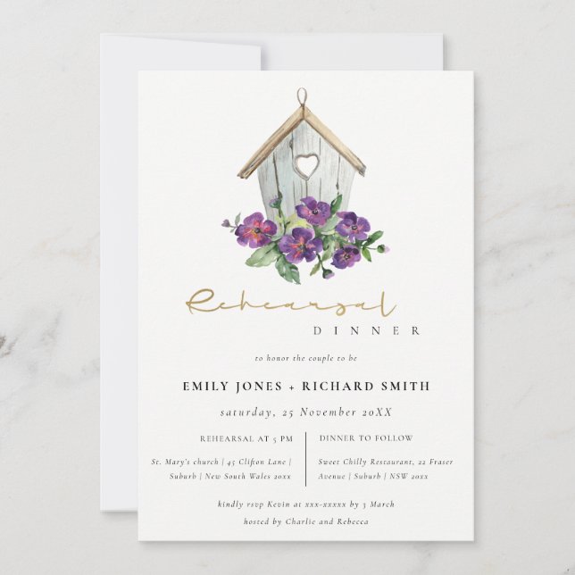 INVITATION BLANC RUSTIQUE FLORALE BIRDHOUSE REHEARSAL DÎNER (Devant)