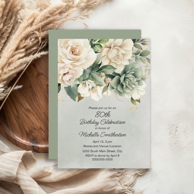 Invitation Blanc Sage Vert Floral Or 80e anniversaire (White floral on sage green 80th birthday party invitation)