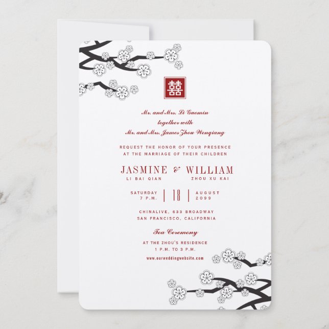 Invitation Blanc Sakura Rouge double bonheur Mariage chinois (Dos)
