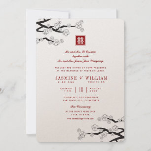 Invitation Blanc Sakura Rouge double bonheur Mariage chinois