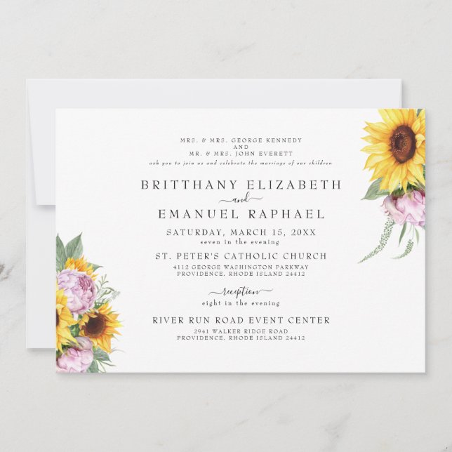 Invitation Blanc simple Mariage de tournesol des deux parents (Devant)
