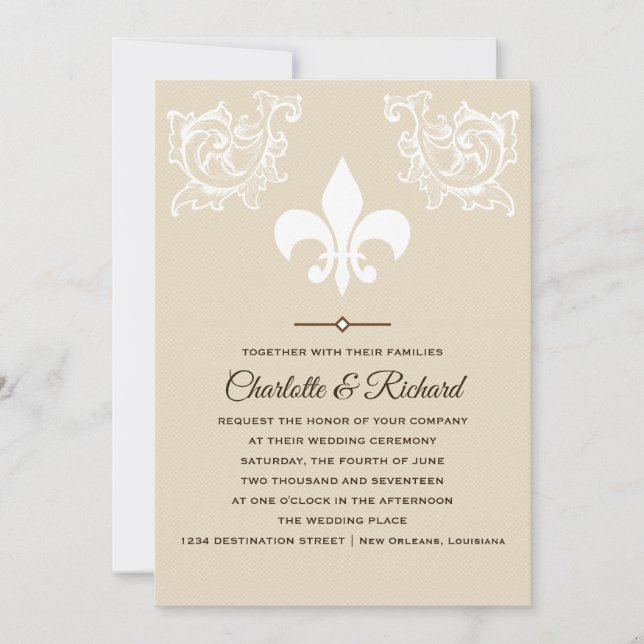 Invitation Blanc & Taupe French Fleur De Lis Paroles Mariage (Devant)