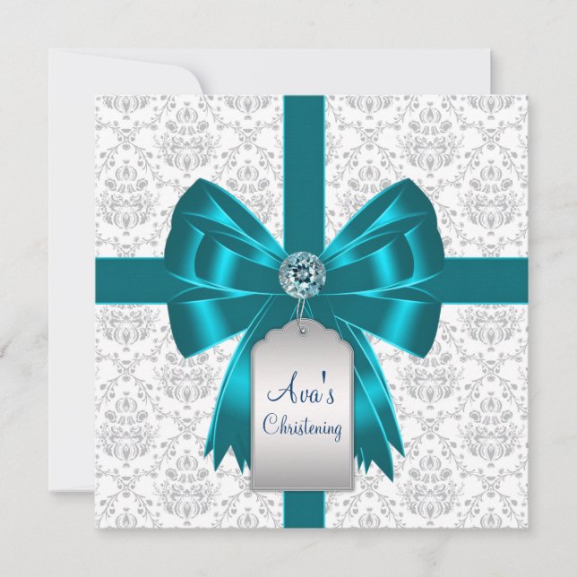 Invitation Blanc Turquoise bleu Damask Baby Christening (Devant)