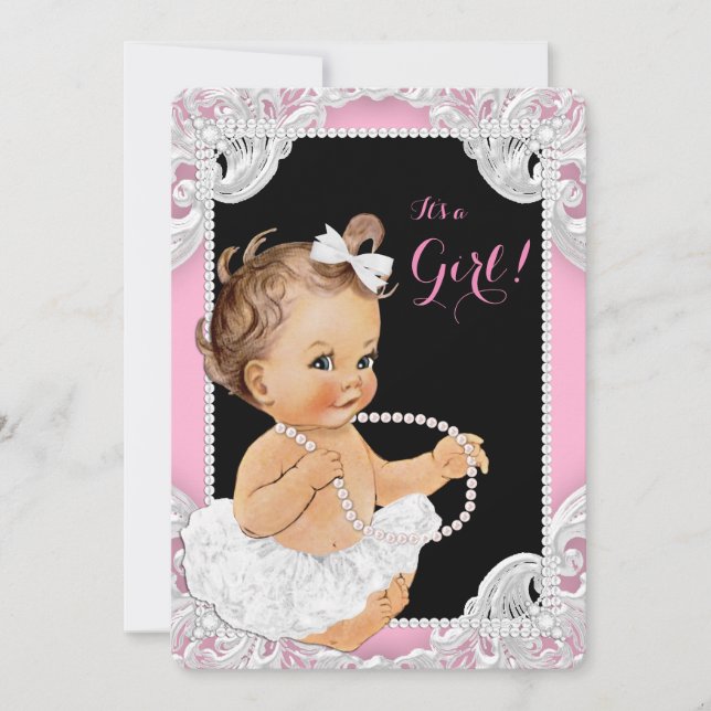Invitation Blanc Tutu Rose Black Pearl Baby Girl Douche (Devant)