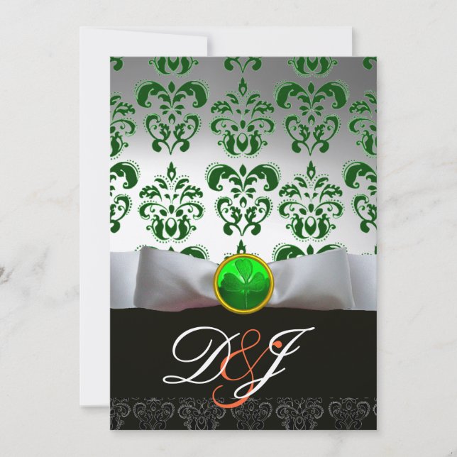Invitation BLANC VERT DAMASK & SHAMROCK MONOGRAM OR Orange (Devant)