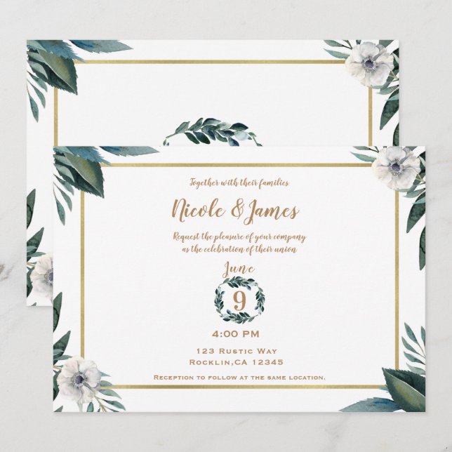 Invitation Blanc Vert Feuille Anémone Mariage Floral (Devant / Derrière)