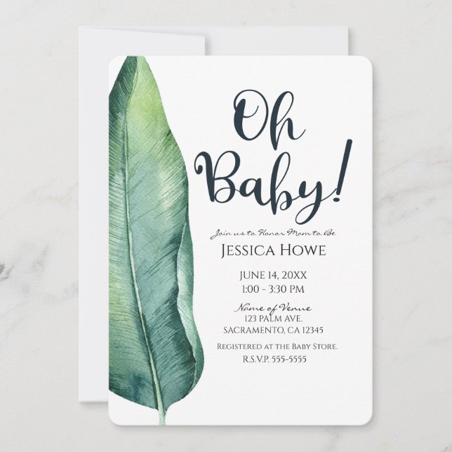 Invitation Blanc & Vert Feuille Tropicale Classé Oh Baby show (Devant)