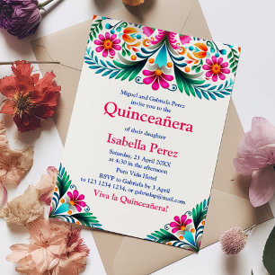 Invitation Blanc Vibrant Floral Quinceanera Fête Mexicaine
