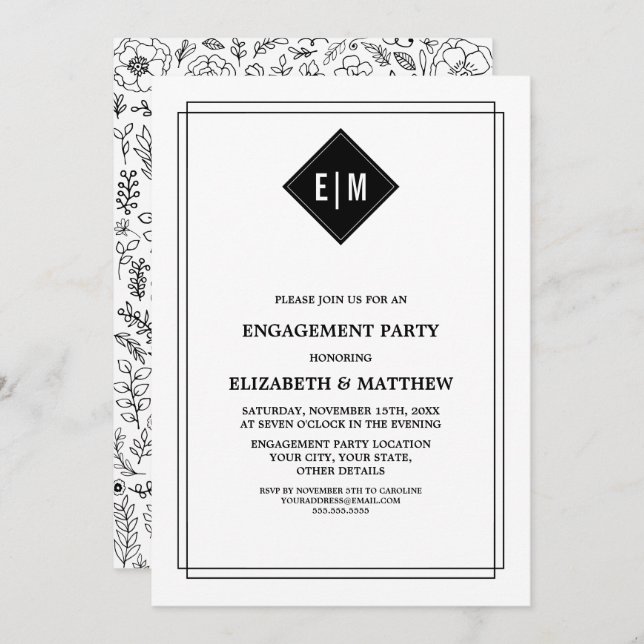 Invitation BLANCHE | Black Floral Engagement Party (Devant / Derrière)