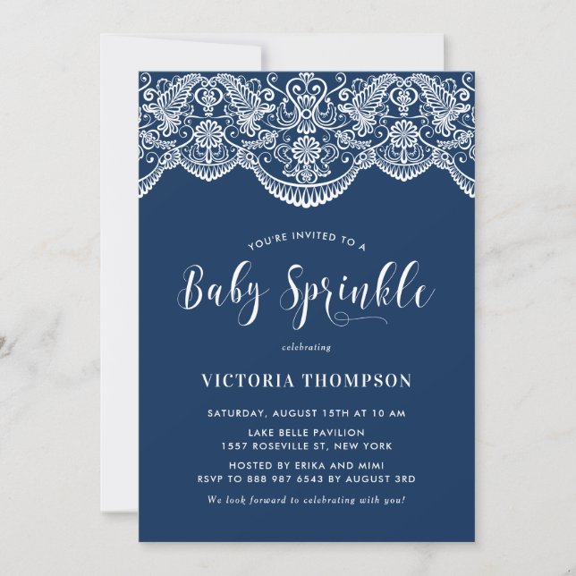 Invitation Blanche Brocade dentelle Marine bleu Bébé arroser (Devant)