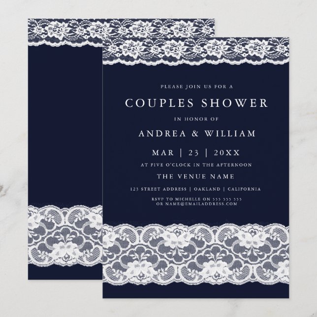 Invitation Blanche dentelle élégante marine moderne Couples B (Devant / Derrière)