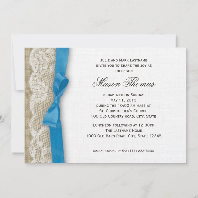 Invitation Blanche dentelle et Burlap Christening (Devant)