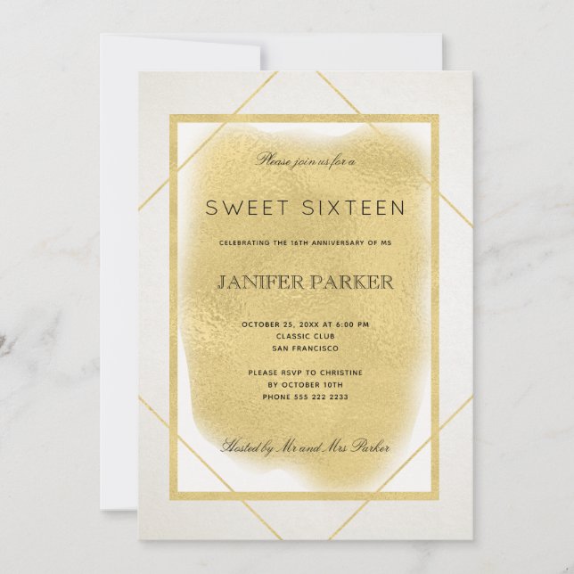 Invitation Blancs ivoire faux or encadré sweet sixteen formel (Devant)