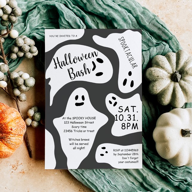 Invitation Blancs mignons forme grise Halloween bash (Cute white ghosts gray shape Halloween bash Invitation)