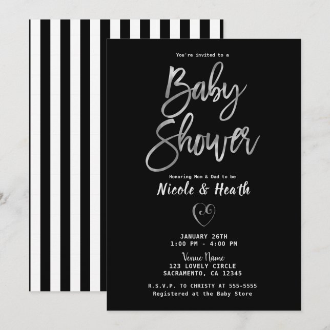 Invitation Blancs noirs Baby shower Silver Chic (Devant / Derrière)