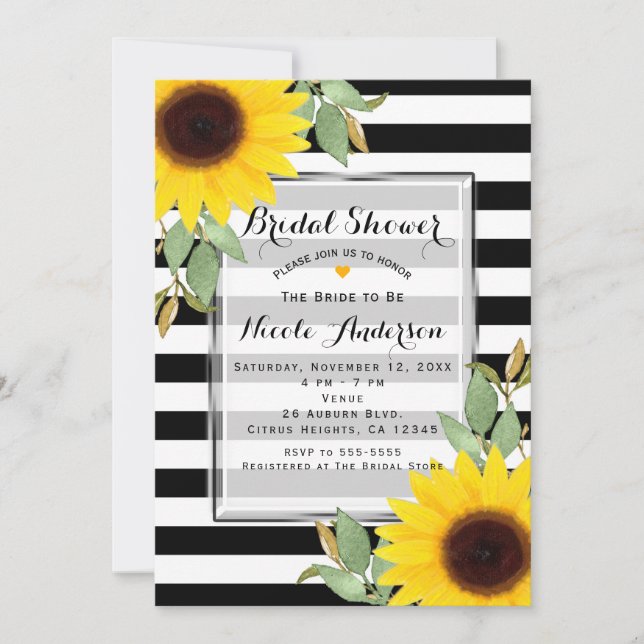Invitation Blancs Noirs Coin Fleurs de soleil Floral Chic (Devant)