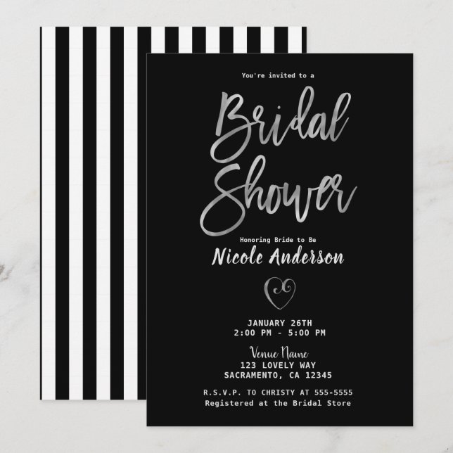 Invitation Blancs noirs Fête des mariées argent chic (Devant / Derrière)