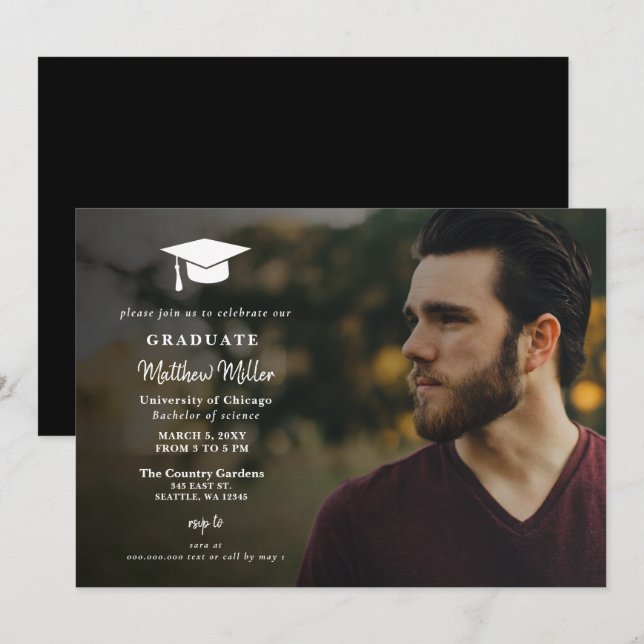 Invitation Blancs simple Casquette Classy Photo Graduation (Devant / Derrière)