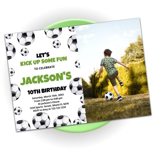 Invitation Blancs Vert Football Anniversaire Avec Photo (Créateur téléchargé)